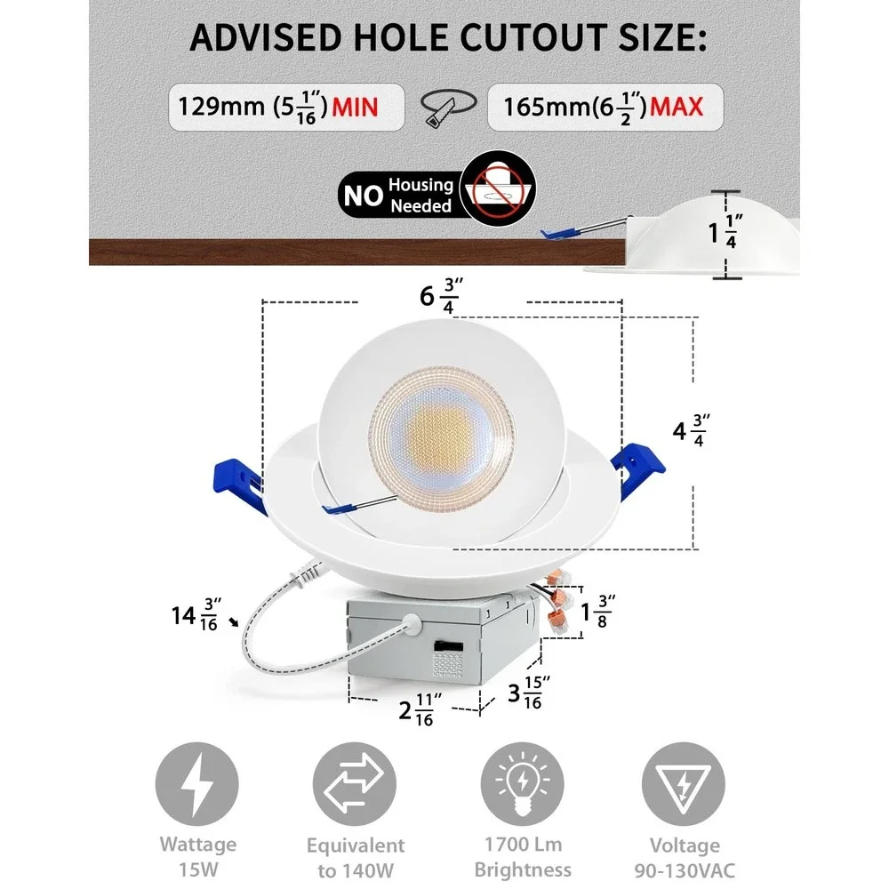 Adetu 6 Inch LED Recessed Gimbal Lights 4 Pack 5CCT Adjustable Dimmable 1700LM